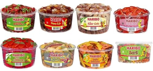 8 Dosen (10.050 Kg) Haribo Liebes Mix, Liebesherzen, Happy Cola, Happy Cherry, Bärli, Süße Schnuller, Kiss Cola, Riesen Pommes, Riesen Erdbeeren