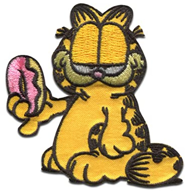 Comercial Mercera Garfield Donut Aufnäher zum Aufbügeln 5,7 x 4,4 cm Bügelbild für Erwachsene Kinder mit Comic Katze Kult Fan, Bügelpatch Patches Bügelflicken Geschenk