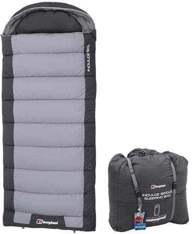 Berghaus Indulge Single Sleeping Bag with Built-in Pillow for Adults, Teens, Kids, 1 Person, 2-3 Season, Waterproof (Grey, Single)