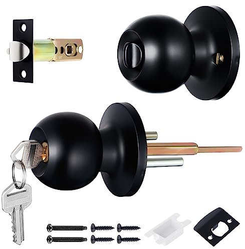 Faankiton Juego de Pomos de Entrada, Cerradura de Entrada, Pomos de Puerta de Bola, Pomo de Paso, Picaporte Giratorio, Pomo de Puerta con Cerradura (Exterior, con Llave, Negro)