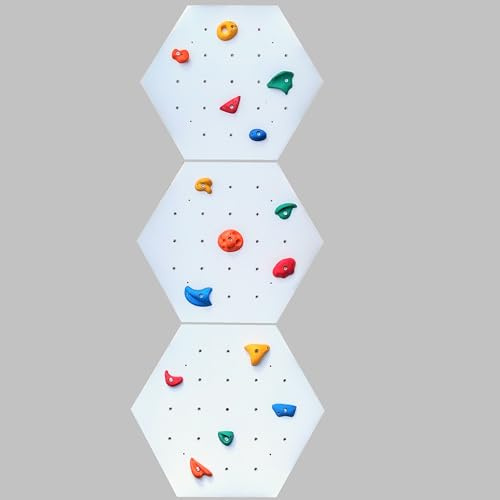 Create for you - Kletterwand für Kinderzimmer - Hexagon - Weiß - Indoor - Heimklettergerüst - Spielplatz - Trainingsgeräte für Zuhause - 3X Wandpaneel 86x75 cm - mit 15 bunten Griffen/Steinen