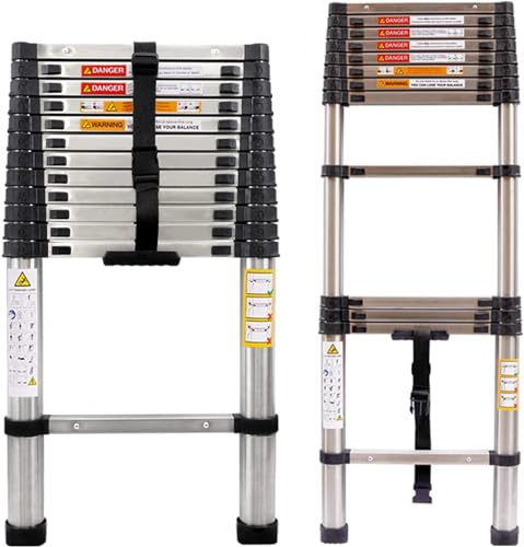 Autofather 3,8M Teleskopleiter Edelstahl Leiter Klappleiter Ausziehleiter Stehleiter Rutschfester, Teleskop-Design, aus hochwertigem Edelstahl, Tragbar,Leichte, Belastbarkeit 150 kg