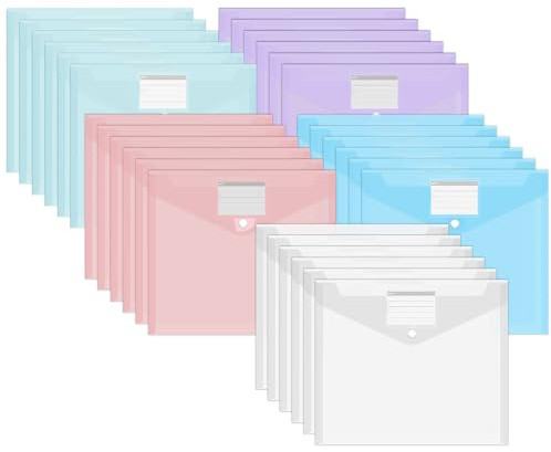 30 Wasserdichte Dokumententaschen, Sammelmappen mit Etikettentasche, Bunte Mappen für Dokumente Organisieren, Bürobedarf, Hausaufgaben