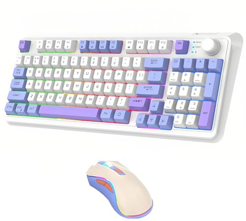 Lancoon Combo de Teclado y Ratón Inalámbricos con Botón de Volumen Recargable 2.4G Soporte Ajustable 94 Teclas Ratones Inalámbricos dpi Ajustables para Ordenador (Blanco)
