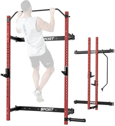 PhoenixCrest Zusammenklappbares Kniebeugenregal zur Wandmontage für Zuhause, Fitnessstudio, Garage, 453,6 kg Kapazität, 6 x 6 cm Power-Rack mit Klimmzugstange, J-Haken und 360°-Landmine