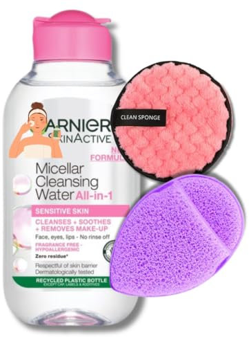 Micellar Cleansing Water Travel Set – Gentle Face Cleanser (100ml) with Reusable Makeup Remover Puff & Exfoliating Glove – Perfect for Sensitive Skin, Travel-Friendly Skincare
