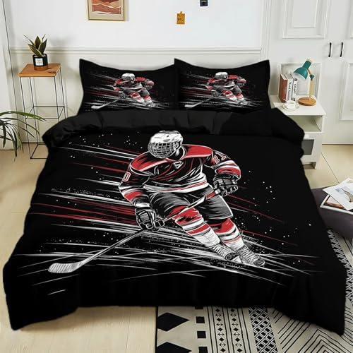 Parure de lit pour Enfant 90x190 cm Joueur De Hockey sur Glace Housse de Couette Polycoton Ensemble de Literie Linge de Lit avec Taies d'oreiller, pour Décoration Chambre à Coucher