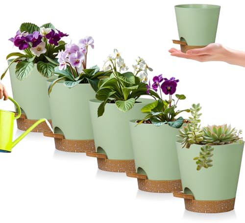 zople Confezione da 5 fioriere autoirriganti, 12,7 cm, con fori di drenaggio e serbatoio, moderne violette africane in plastica, orchidee, fioriere per interni ed esterni (marrone verde)