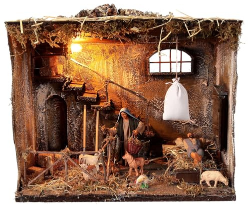 Holyart etable éclairé 40x30x35 cm avec escalier Berger endormi crèche napolitaine 13 cm