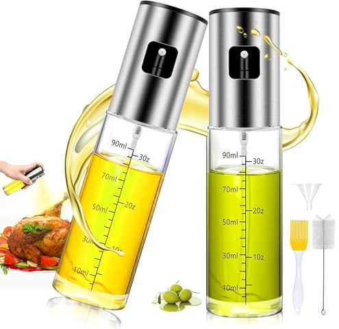 Qiareoiu 2 Stück ÖLsprüher für Speiseöl, 100ml Öl Sprühflasche Edelstahlglas ÖLspray Zum Öl spray für Heißluftfritteuse Airfryer Olivenölsprüher für Salat, Grillen In der Küche (Glas)