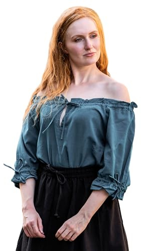 Leonardo Carbone® Blusa de mujer Vera | hombros descubiertos | cordones | carnaval, Halloween, cosplay, larp, blusa medieval, túnica, disfraz, festival, eventos, 100% algodón, petróleo, S