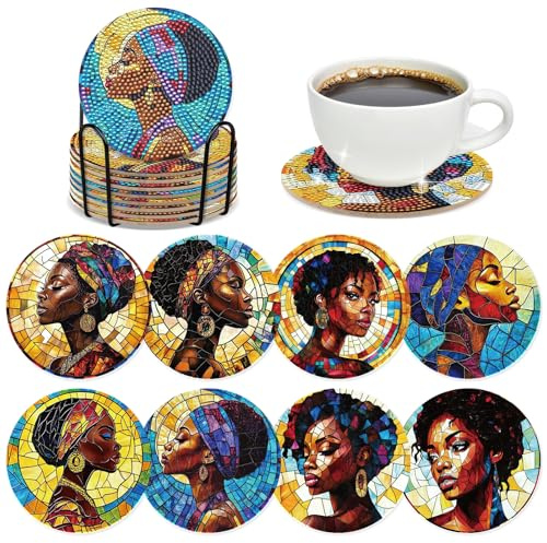 INCOK Black Woman Diamond Painting Coasters - 8 PCS DIY Colorful Glass Diamond Art Coasters Kits for Drinks Coffee Art Craft Supplies Birthday Holiday for African American Adult Beginners