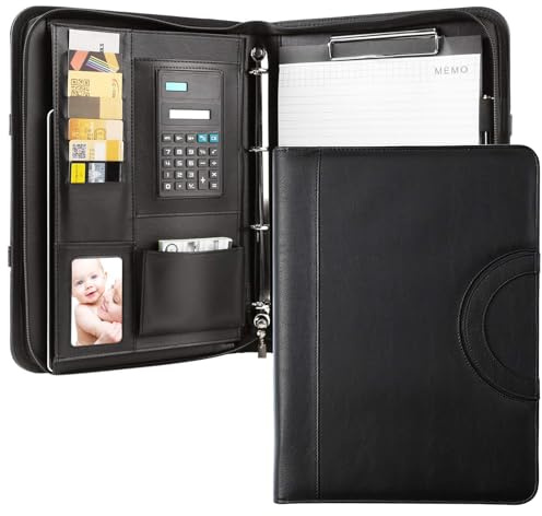 Portfolio Folder A4, Vegan Leather 4-Ring Conference Folder with Calculator & 10 Clear Sheet Protectors, Multi-Pocket Travel Document Holder A4 Clipboard Folder Organiser, Office Supplies - Black