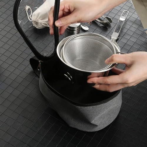 Funien Outdoor Cookware Set Stainless Steel Camping Bowl with Colander Spoon Spork Bowl Cover for Camping Hiking (Black)