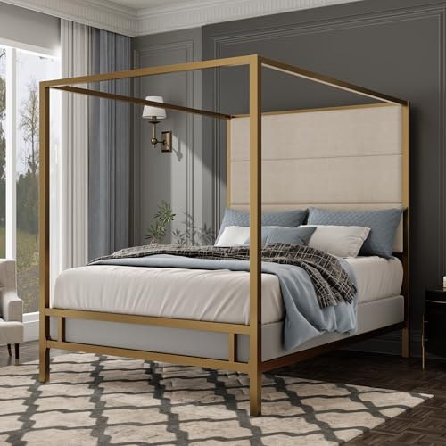 XD Designs Modern 4-Poster Canopy Platform Bed King Size with Tall Upholstered Headboard, Metal Canopied Design Platform Bed Frame with Strong Slats Support (Gold+Tan-H)