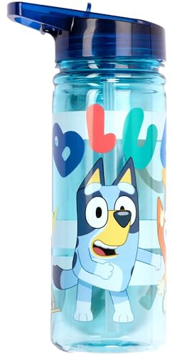 Bluey Botella de agua con pajita de 580 ml, 100% a prueba de fugas, duradera, botella de agua escolar, plástico resistente y sin BPA, color azul claro