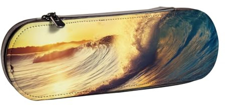 WPUTY Hartschalen-Federmäppchen, PU-Leder, tropische Blumen und Corgi-Drucke, Stiftebox, wasserdicht, Stift-Organizer für Schule, Reisen, Kosmetik und Geschenke, Sunset Sea Surfen Seascape
