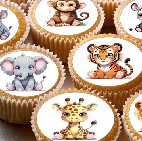 Cute Safari Animals Pre-cut Edible Cupcake Toppers, Jungle Theme Cake Decorations with Elephant, Tiger, Giraffe, Monkey, Hippo, Parrot, Flamingo x 24