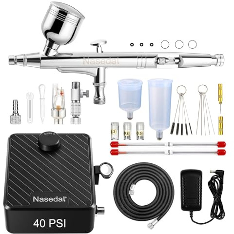 Nasedal Kit Aerógrafo con Compresor 40PSI Aerografo Modelismo Doble Acción Airbrush Boquilla de 0,2/0,3/0,5 mm Para Uñas, Maquillaje, Decoración De Tartas, Manualidades Y Tatuajes