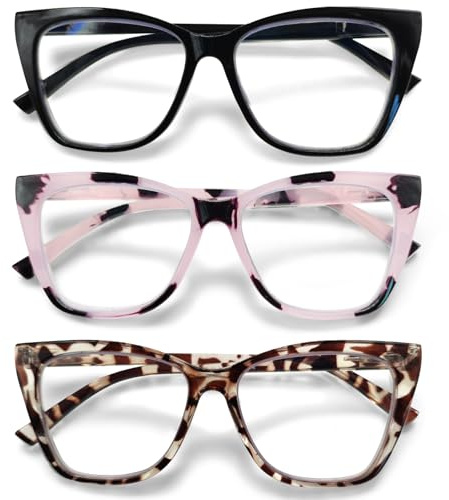 ZOECENT Lesebrille Damen 3er-Pack Brille Blaulichtfilter übergroße Lesebrillen Federscharniere Computer Brillen (3 Farbe-1, 1.75, x)
