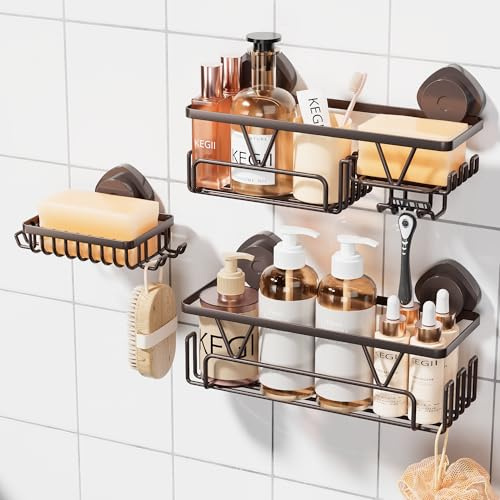 KEGII Suction Cup Shower Caddy, 3-Piece Suction Shower Shelf Set with Soap Dish & Hooks, Adhesive Bath Organiser for Bathroom, Kitchen, Laundry Room, Bronze