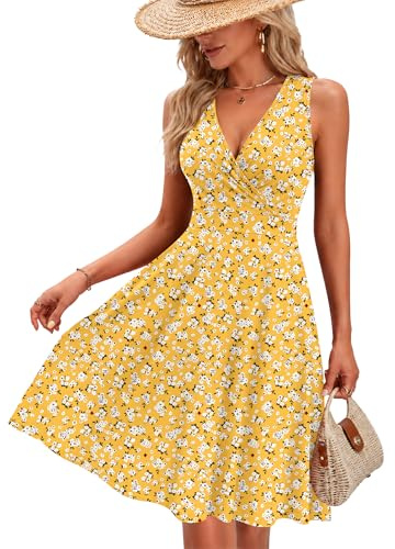 AUSELILY Damen Sommerkleid Ärmelloses Strandkleid Gelbe Blume XL