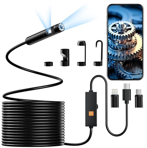 Endoscope Camera with Light, Dual-Lens 1920P HD Borescope Tools with 8+1 Adjustable LED Lights, 16.4FT Semi-Rigid Snake Cord IP67 Waterproof Inspection Camera for iPhone, iPad, iOS and Android Phone