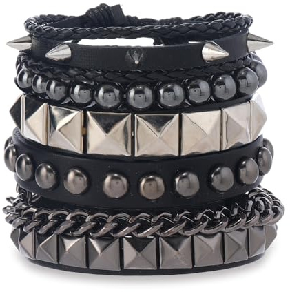HMCEY 4 Pezzi Bracciale Punk Rock Donna Uomo,Bracciale Borchie Pelle,Gothic Bracelet,Braccialetto Gotico Regolabile,Gioielli Rock Accessori per Carnevale, Concerto Rock, Festa in maschera - Nero