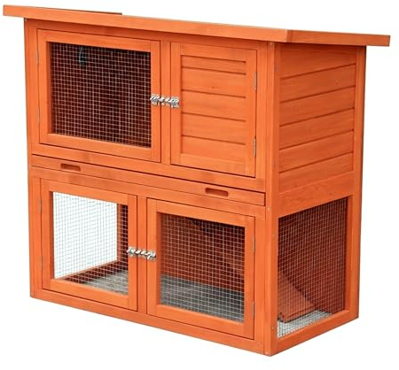 Kaninchenstall Outdoor | 2-stöckiges Pultdach Meerschweinchen-Käfig | Holz Kleintierheim | Mittel - 104 x 52 x 92 cm