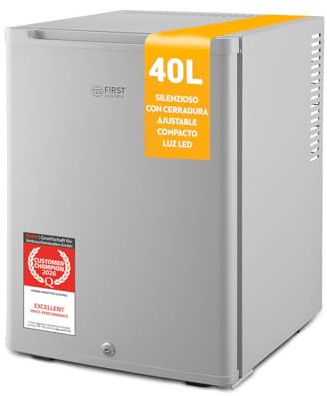 TZS First Austria - Mini Kühlschrank 40L lautlos & abschließbar - Kleiner Minikühlschrank, wechselbarer Türanschlag & Innenbeleuchtung - Minibar für Camping, Büro, Schlafzimmer & Hotel - Grau