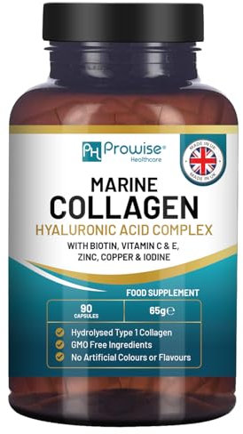 Marine Collagen with Hyaluronic Acid 1100mg | 90 Collagen Capsules High Strength for Women & Men | Vitamins C, E, B2, Biotin, Copper, Zinc & Iodine | Collagen Supplements Made in The UK by Prowise
