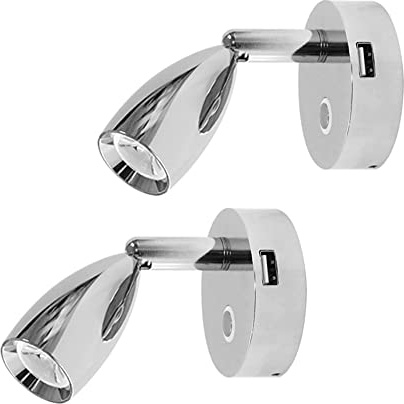 THALASSA 12V RV Spotlight USB Reading Light - Dimmable Touch Switch with Blue Circle Night Light, Polished Chrome, Surface Mounted on Trailer Caravan Boat Interior as Bedside Light Book Lamp, 2 Pack