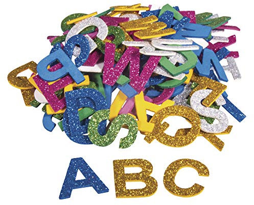 Rayher 30227000 Moosgummi Alphabet Glitter, 3cm, 130 Stück, selbstklebend, Farben gemischt, Glitter Schaumstoff Sticker, Moosgummi-Aufkleber ABC, zum Dekorieren