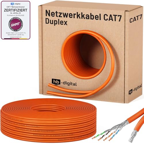 HB-DIGITAL 50m CAT 7 Netzwerkkabel reines Kupfer Duplex - Orange | LAN Kabel GHMT Zertifiziert Verlegekabel Ethernet Installationskabel, 10 Gbit/s, reines Kupfer AWG23 S/FTP