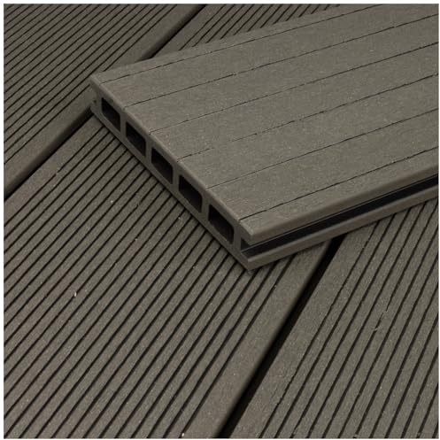 HORI WPC BPC Terrassendielen Komplettset Aktion verschiedene Farben, Hohlkammerprofil, fein geriffelt/grob genutet, inkl. Unterkonstruktion & Clips Fläche: 7 m² - 290 cm Dielenlänge - Grau