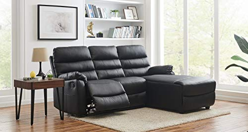 Home Detail Carter Three Seater Sofa, Right Chaise, Black Faux Leather | Recliner Function, L Shaped, Left or Right Side