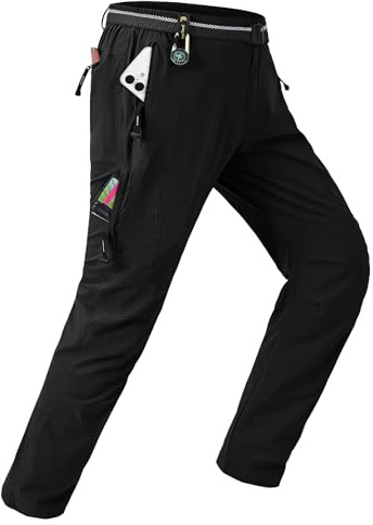 TBMPOY Men's Lightweight Hiking Pants with Belt 5 Zip Pockets Waterproof Quick-Dry Travel Fishing Work Outdoor Pants Thin Black M