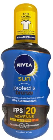 NIVEA SUN - Spray Huile Sèche Activateur De Bronzage Protect & Bronze FPS 20 - Protection Solaire & Teint Hâlé - Extrait Naturel De Pro-Mélanine - Absorption Rapide - Peaux Normales - 200 ml