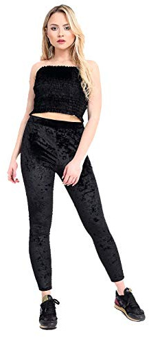 Womens Velvet Velour Crushed Elasticated Stretch Leggings Trousers Bottoms (Black, UK 12-14 M/L)