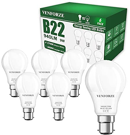 Venforze Lot de 6 ampoules à baïonnette 9 W (équivalent à 60 W) Blanc chaud 2700 K Ampoule LED B22 940 lm A60 Non dimmable BC GLS Économie d'énergie