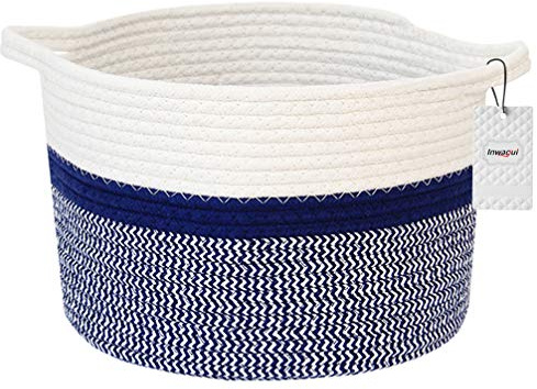 Inwagui Panier de Rangement en Corde de Coton Boîte de Rangement Tissé Naturelle Corbeille de Rangement Pliable pour Chambre d'enfant, Vêtements de Bébé, Jouets, Linge - Bleu et Blanc