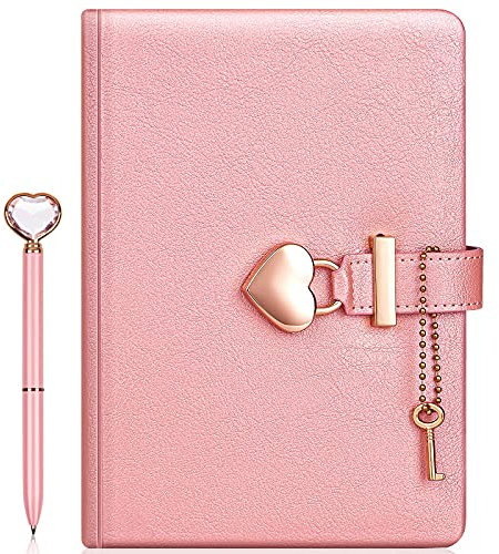 fengco Heart Shaped Lock Diary with Key + Heart Diamond Pen Set for Girls PU Leather Cover Journal Personal Planner Organizers Secret Notebook for Women (Pearl Pink, B6(18 * 13.5CM))