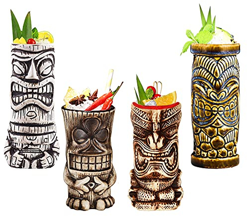 Tiki Becher -Tiki Mugs - Cocktail-Set, 4 Stück, Keramik, Cocktailbecher, Tiki-Tassen, hawaiianische Party, niedliche, exotische Cocktailgläser, hawaiianische Tiki-Tasse,Q5