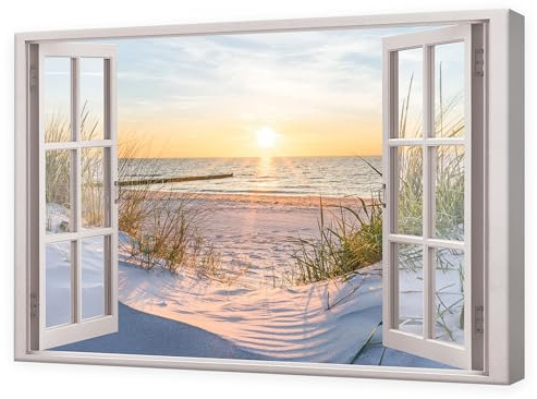 WallArena Leinwand Bilder 120x80 cm | Fensterbilck Strand Meer Natur Landschaft, Format: 120x80 cm (BxH) - einteilig auf Canvas Leinwand. Das Leinwand