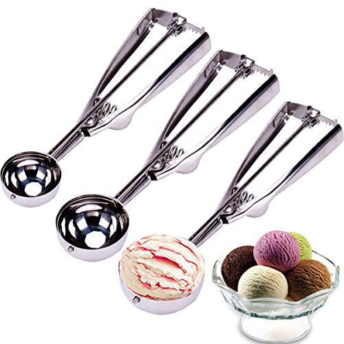 Ice Cream Scoop,Cookie Scooper Set of 3 Spring-Loaded with Trigger Release,Large/Medium/Small Stainless Steel Dough Scoop Cupcake Scoop Melon Baller Muffin Scoops for Popcorn,Baking,Fruit and Meatball