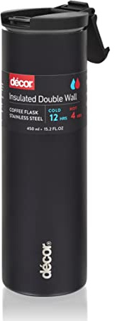 Décor Insulated Stainless Steel Coffee Cup | Travel for Hot & Cold Drinks | 450ml, 16oz - Black