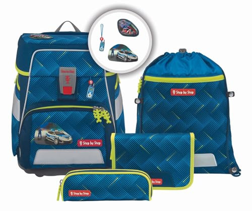 Step by Step Schulranzen-Set Space „Hero Tom“ 5-teilig, ergonomischer Tornister, höhenverstellbar mit Hüftgurt, für die Grundschule, ab der 1. Klasse, 20L, blau, Polizei-Design