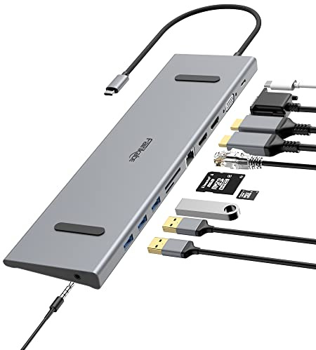 Station d'Accueil USB C Double Moniteur, Hub 11 en 1 Pour Ordinateur Portable, Adaptateur Multiport Avec PD 100 W, HDMI 4K, VAG, USB 3.0, Port Ethernet, SD/FT, Audio