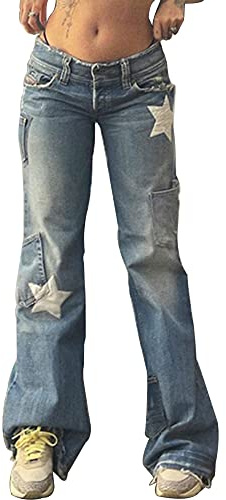 DINGJIUYAN Y2k Jeans Vintage da Donna con Cuciture a Borsa, Jeans a Gamba Larga a Vita Bassa, Denim a Stella Dritto, Jeans Streetwear, A, XXL