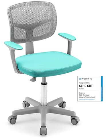 COSTWAY Schreibtischstuhl Kinder 360° drehbar, Sitzhöhe 40-54 cm (Türkis) | Kinderschreibtischstuhl höhenverstellbar, Kinderdrehstuhl mit Rückenlehne & Armlehnen, Bürostuhl für Kinder ab 3 Jahren